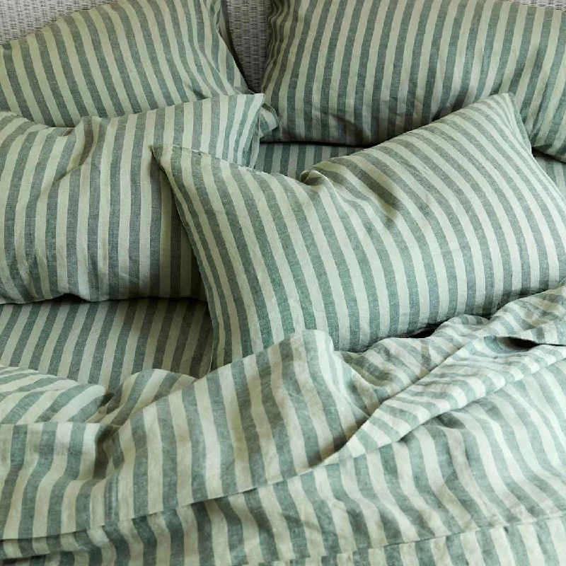 Thermal - Regulating Bamboo Sheets for All - Season ComfortPine Green Pembroke Stripe Linen Blend Fitted Sheet