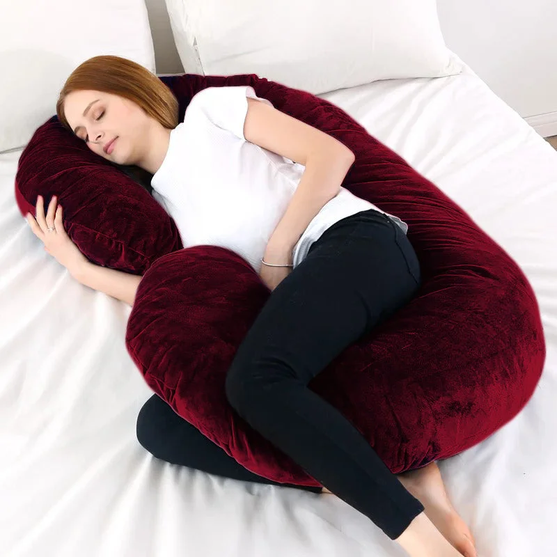 Cooling Pillows for Hot SleepersC Shape Velvet Stuff Pregnancy Pillow / Sleeping Support Pillow in Maroon Color