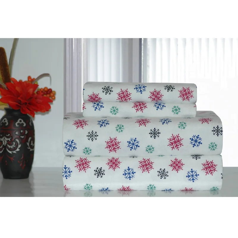 Fitted Sheets with Reinforced Corners for Long - Lasting UsePointehaven Multicolor Snowflakes Printed Heavyweight Flannel Sheet Set