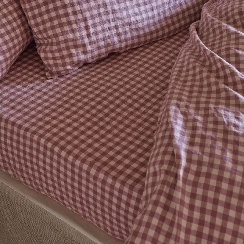 King - Size Sheet Sets with a Decorative Pillow SetElderberry Gingham 100% Linen Fitted Sheet