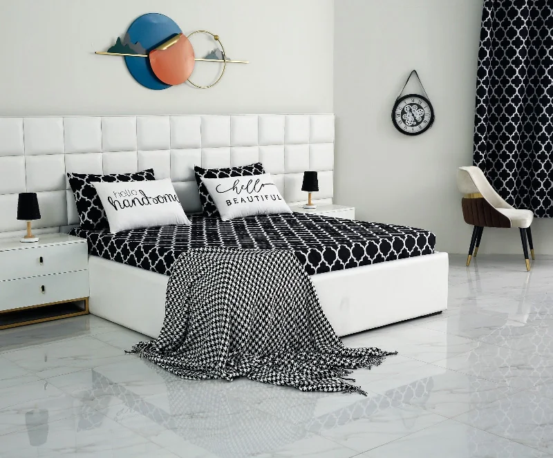 Linen - Cotton Blend Sheets for a Natural and Versatile Option5 PCs Fitted Bed Sheet With Text Pillows-Couple Set CS08