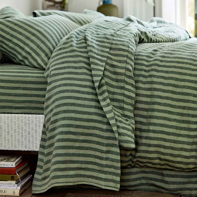 Wrinkle - Free Polyester Sheets for a Low - Maintenance BedPine Green Pembroke Stripe Linen Blend Flat Sheet