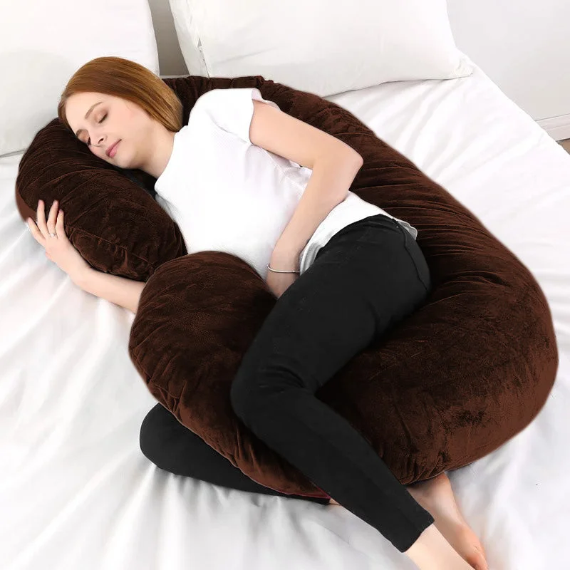 Cotton Pillows for Natural ComfortC Shape Velvet Stuff Pregnancy Pillow / Sleeping Support Pillow in Brown Color