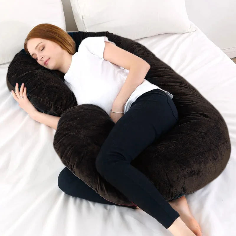 Bolster Pillows for Sofa DecorationC Shape Velvet Stuff Pregnancy Pillow / Sleeping Support Pillow in Chocolate Brown Color