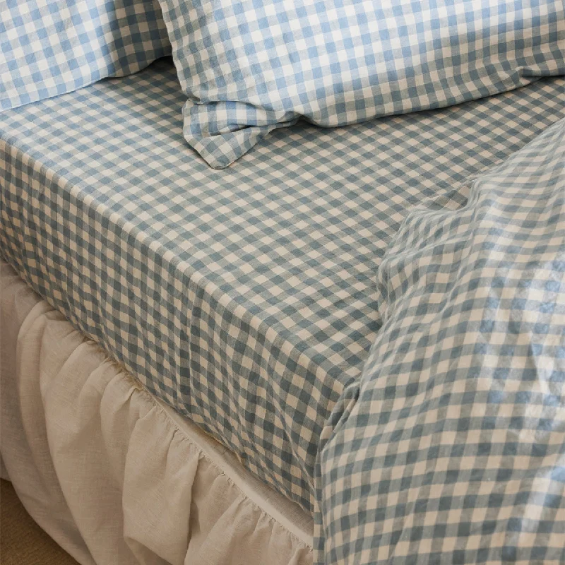 Twin - Size Sheet Sets with a Pillow ProtectorWarm Blue Gingham Linen Blend Fitted Sheet