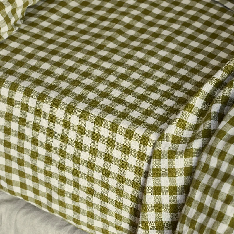 Fitted Sheets with Reinforced Corners for Long - Lasting UseBotanical Green Gingham Linen Blend Fitted Sheet