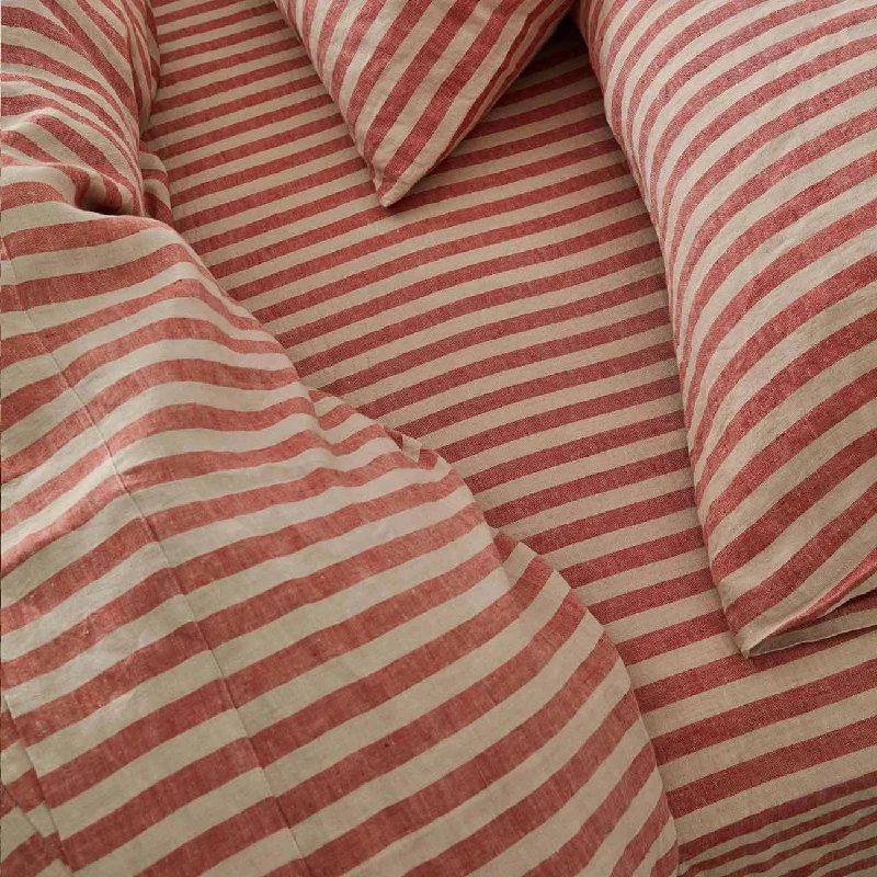 King - Size Sheet Sets with a Decorative Pillow SetSandstone Red Pembroke Stripe Linen Blend Fitted Sheet