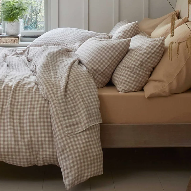 Queen - Size Sheet Sets with a European Pillowcase SetMushroom Gingham 100% Linen Flat Sheet