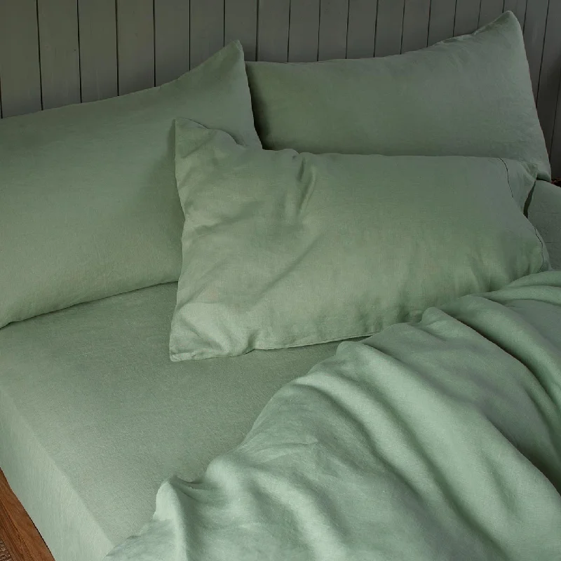 King - Size Sheet Sets with a Decorative Pillow SetSage Green 100% Linen Fitted Sheet