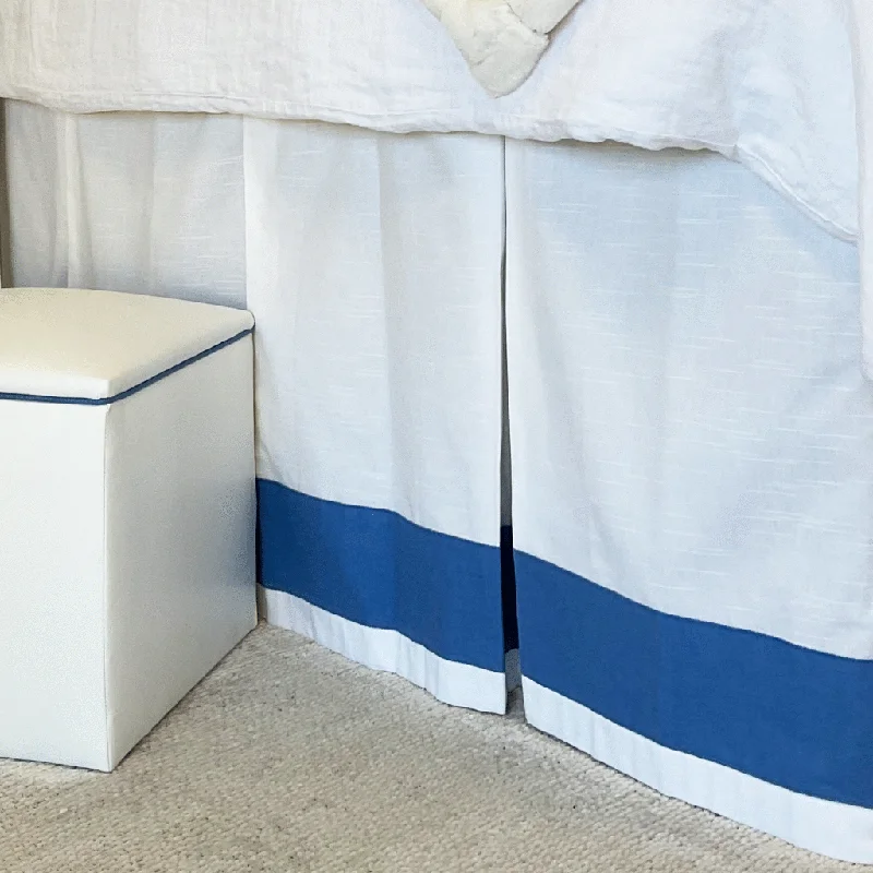 Bed skirts for beds with a solid - panel frameBed Skirt Panel -  White with Marine Blue Linen Banding