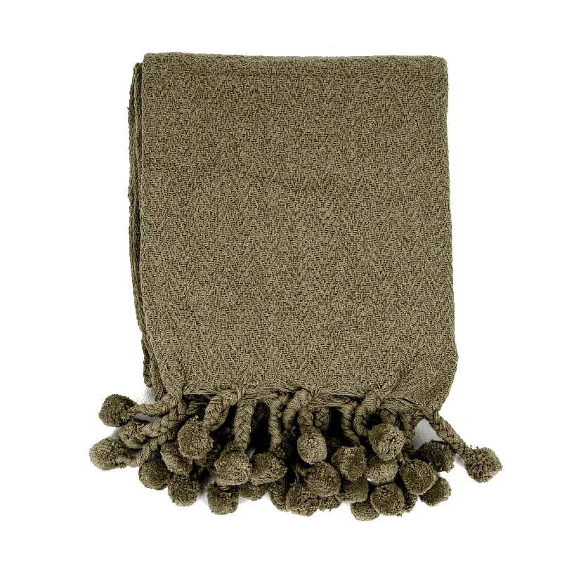 Mohair blankets with a unique sheen and softnessVesla Cotton Throw with Braided Pom Pom Tassels in Green