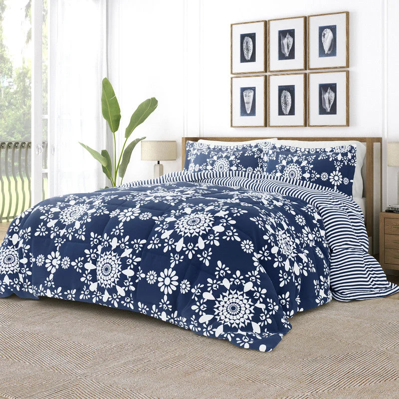 Full - size comforters suitable for full - sized beds in guest rooms or small bedroomsDaisy Medallion Navy Reversible Pattern Comforter Set Down-Alternative Ultra Soft Microfiber Bedding, Full/Queen