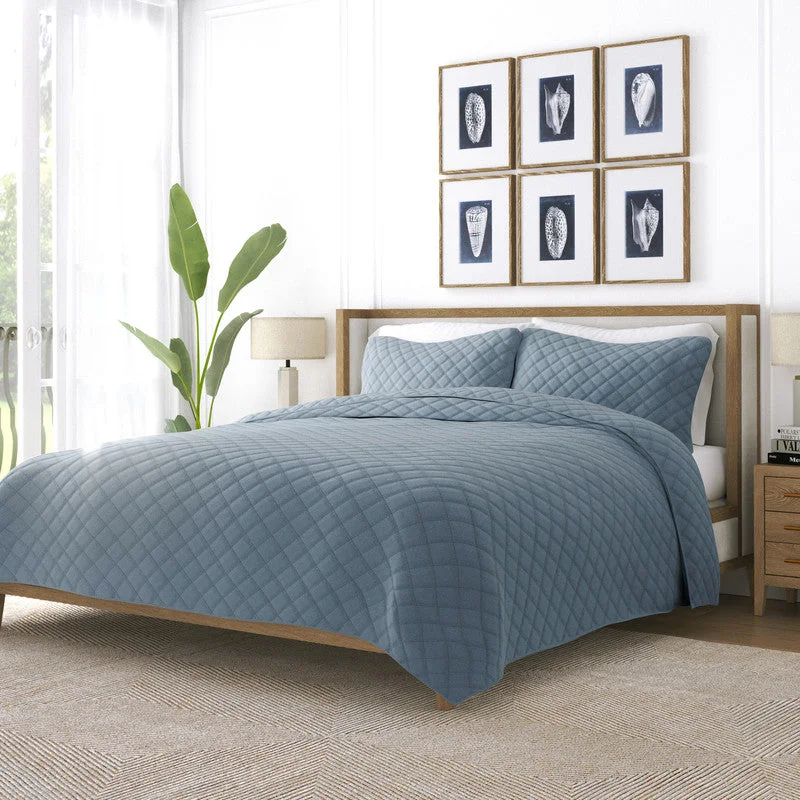 Down - filled comforters for supreme warmth and lightnessDiamond Stitch Dusk Blue Quilt Coverlet Set Modern Ultra Soft Microfiber Bedding