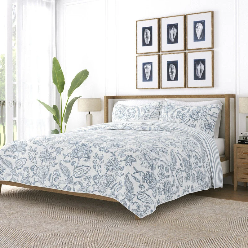 Bamboo - fiber - filled comforters with antibacterial and breathable qualitiesJacobean Dusk Blue Reversible Pattern Quilt Coverlet Set Ultra Soft Microfiber Bedding