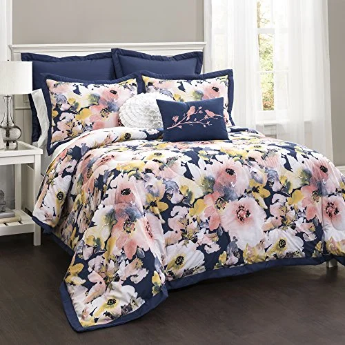 Goose down comforters known for their superior quality and insulationLush Decor 16T000748 Floral Watercolor 7Piece Comforter Set, Full/Queen, Blue: Home & Kitchen