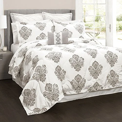 Full - size comforters suitable for full - sized beds in guest rooms or small bedroomsLush Decor DÃ©cor Elizabeth Damask 6 Piece Comorter Set, Full/Queen, Gray: Home & Kitchen