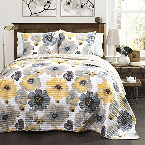 Latex - filled comforters with a bouncy texture and good supportLush Decor Leah Quilt Floral Yellow and Gray 3 Piece Reversible King Yellow & Gray: Home & Kitchen