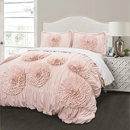 Wool - filled comforters with natural moisture - wicking and temperature - regulating featuresLush Decor Serena Comforter Pink Blush Ruched Flower 3 Piece Set - King: Home & Kitchen