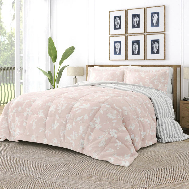 Bamboo - fiber - filled comforters with antibacterial and breathable qualitiesPressed Flowers Pink Reversible Pattern Comforter Set Down-Alternative Ultra Soft Microfiber Bedding, King/Cal-King