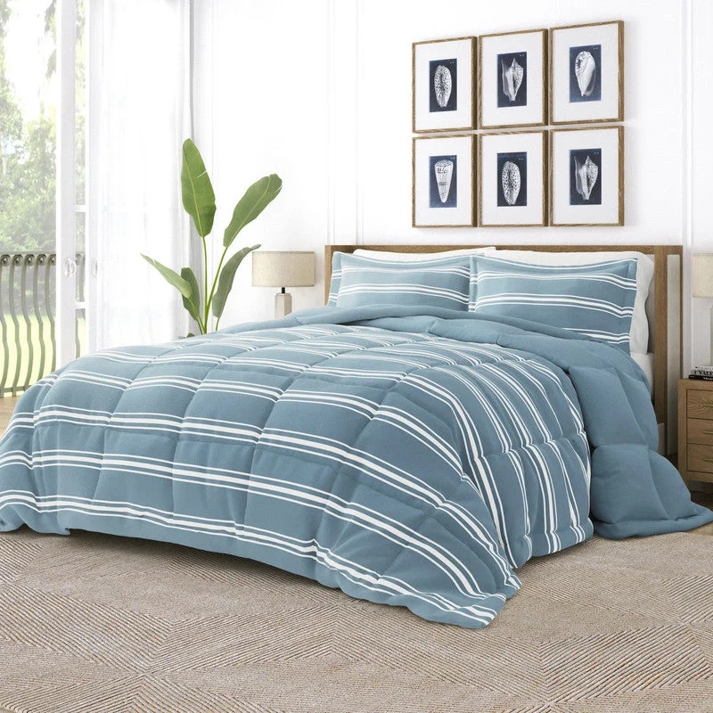 Silk - filled comforters for a luxurious and smooth touchSoft Stripe Light Blue Reversible Pattern Comforter Set Down-Alternative Ultra Soft Microfiber Bedding