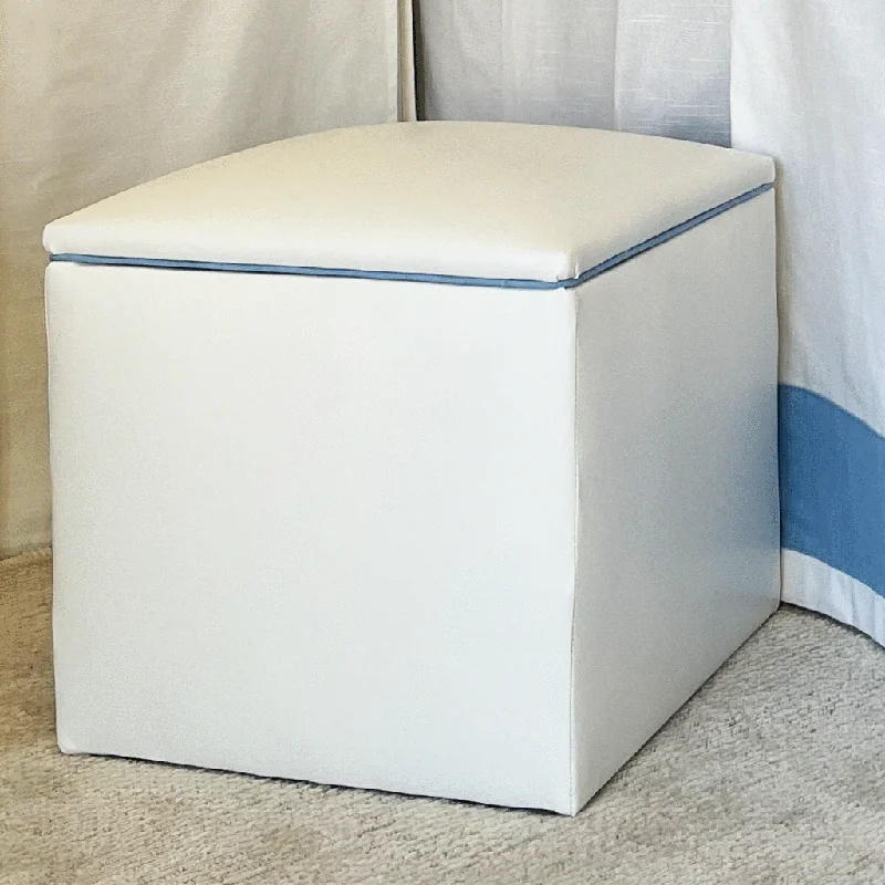 Bed skirts for beds with a leather - upholstered frameStorage Ottoman - White Faux Leather with Blue Jay Linen Piping