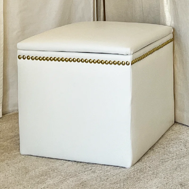 Bed skirts for beds with a non - standard frameStorage Ottoman - White Faux Leather with Gold Nailheads