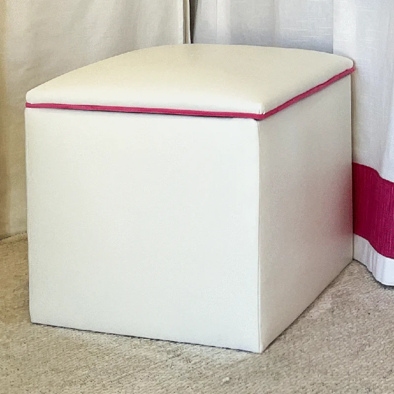 Bed skirts for beds with a slatted frameStorage Ottoman - White Faux Leather with Hot Pink Piping