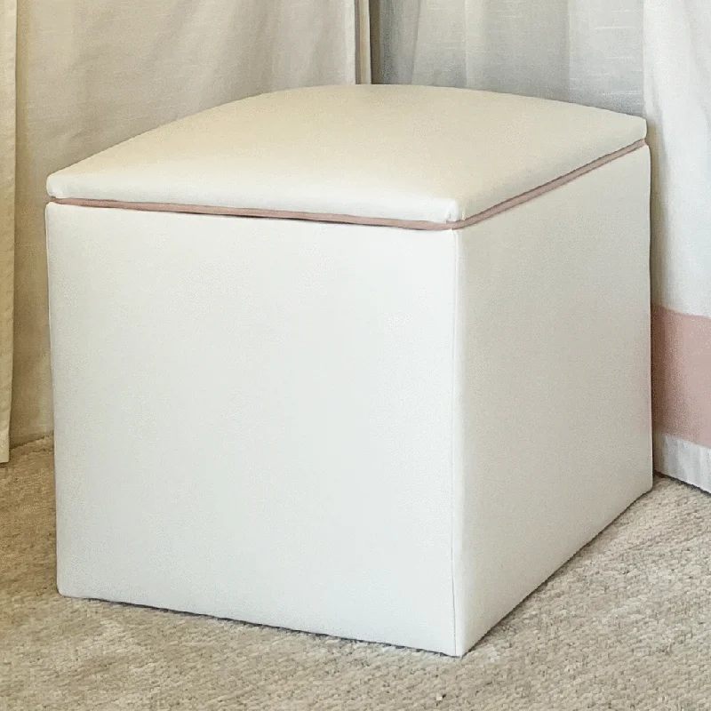 Bed skirts for beds with a leather - upholstered frameStorage Ottoman - White Faux Leather with Soft Pink Piping