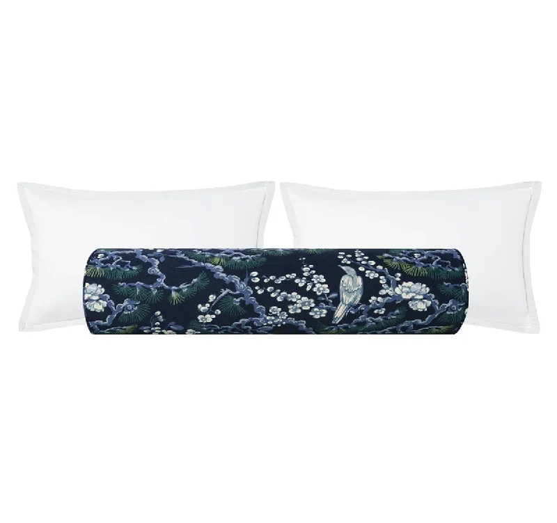 Bolsters for Minimalist Decor to Add a Touch of ComfortTHE BOLSTER :: TRELLIS LINEN PRINT // NAVY BLUE